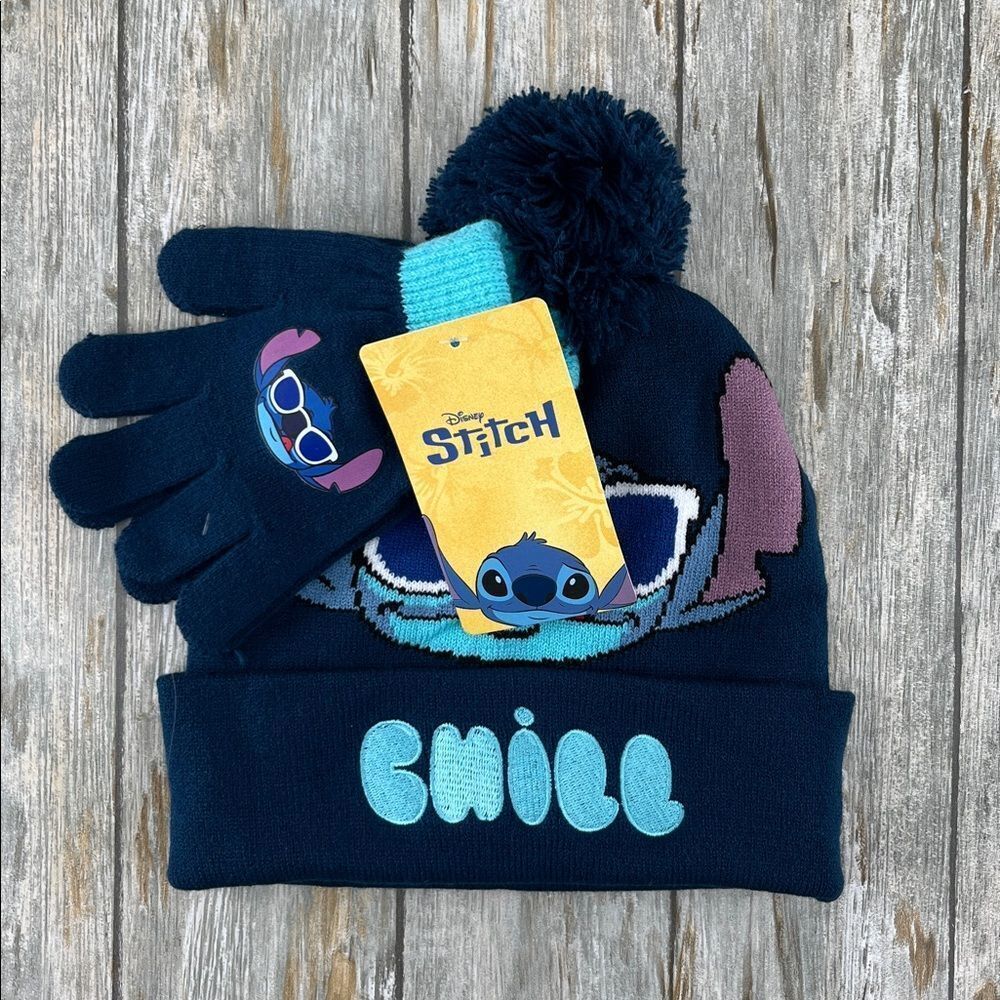 Disney’s Stitch Beanie Hat With Pom Pom & Glove Set